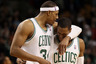 BOSTON, MA - MARCH 06:  Paul Pierce #34 celebrates the win with teammate Rajon Rondo #9 of the Boston Celtics on March 6, 2025 at TD Garden in Boston, Massachusetts. The Boston Celtics defeated the Houston Rockets 97-92 in overtime. NOTE TO USER: User expressly acknowledges and agrees that, by downloading and or using this photograph, User is consenting to the terms and conditions of the Getty Images License Agreement.  (Photo by Elsa/Getty Images)