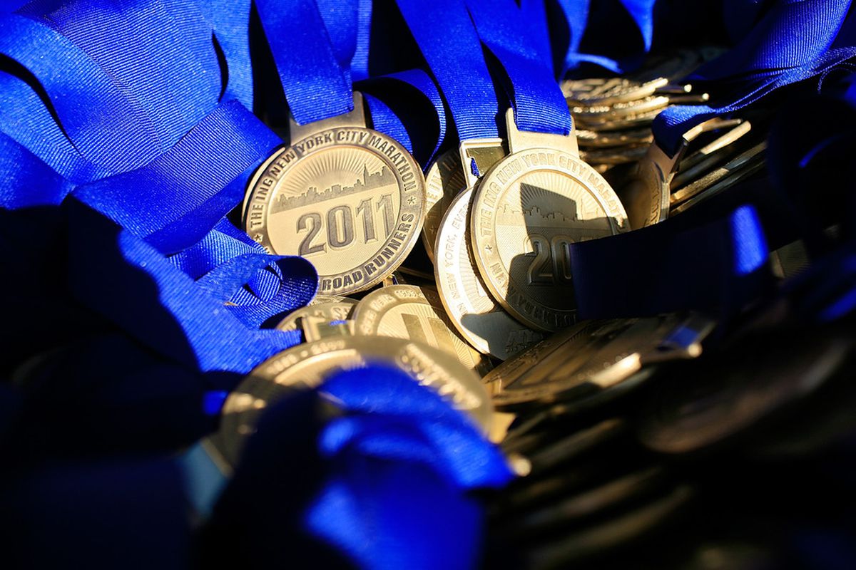 NEW YORK, NY - NOVEMBER 06:  A detail view of the finish medals for the 42nd ING New York City Marathon on November 6, 2025 in New York City (Photo by Patrick McDermott/Getty Images)